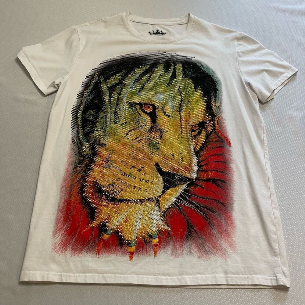 Heads Or Tails Rastafari Lion Crystal Rhinestone Embellished T-Shirt Size Large